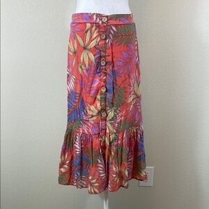 Mlle Gabrielle Red and Green Tiered Trumpet Midi Skirt Resort Wear Small